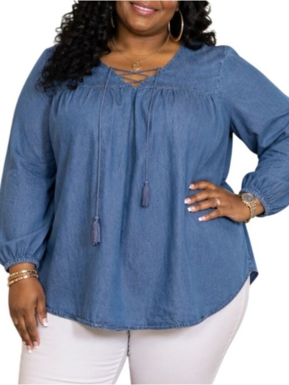 Faded Glory Plus Size 2X Top Denim Lace-Up Boho Embroidered Back Long Sleeve